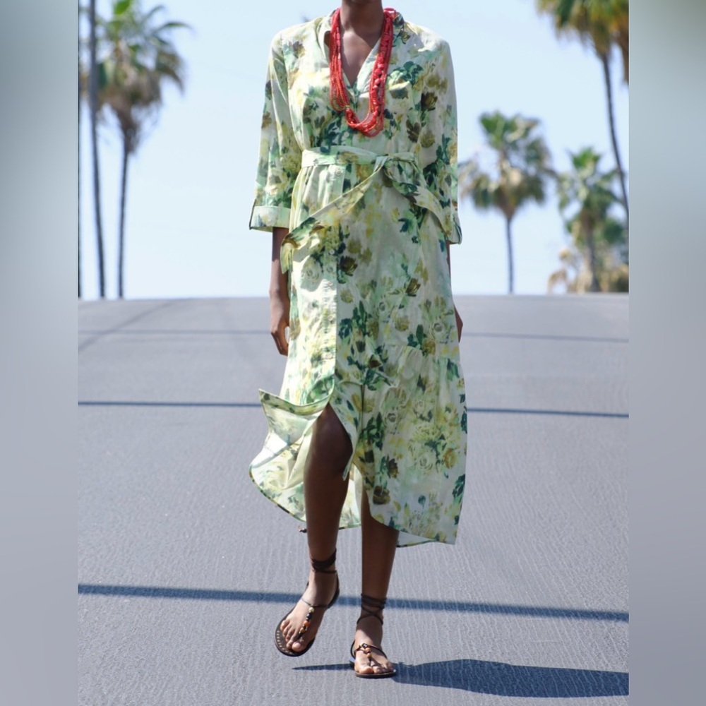 Zara abstract print Floral Green dress size small